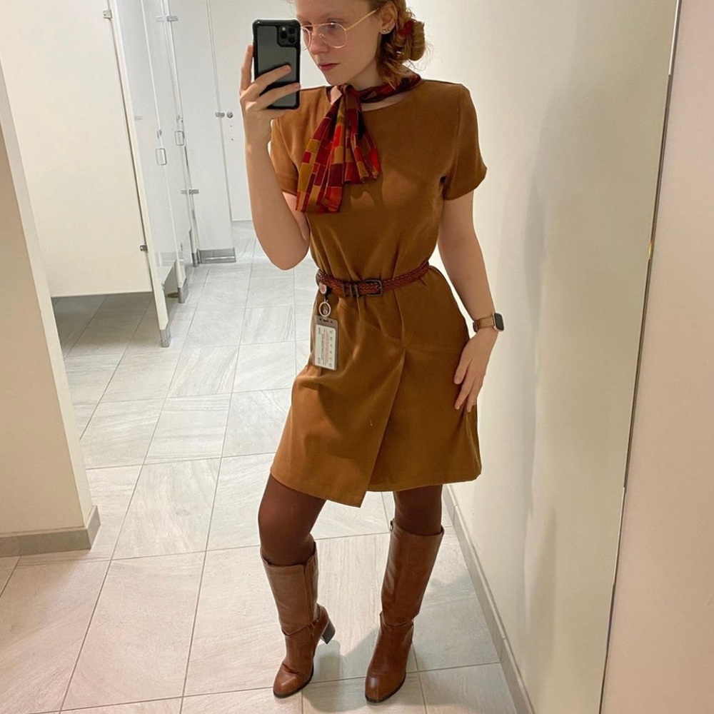 Vintage suede shift dress with attached neck scarf
